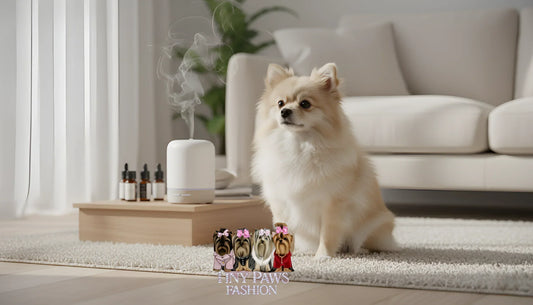 Dog sitting near essential oil diffuser in clean home environment showing safety awareness