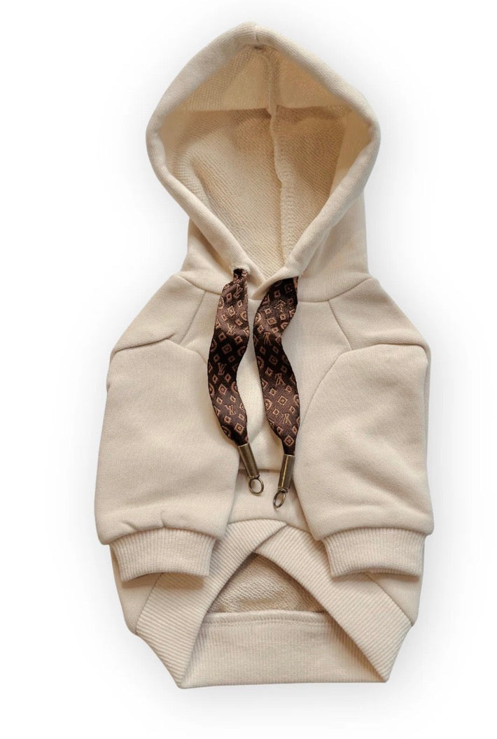 Lux furry dog hoodie side view — designer small dog clothing Tiny Paws Fashion