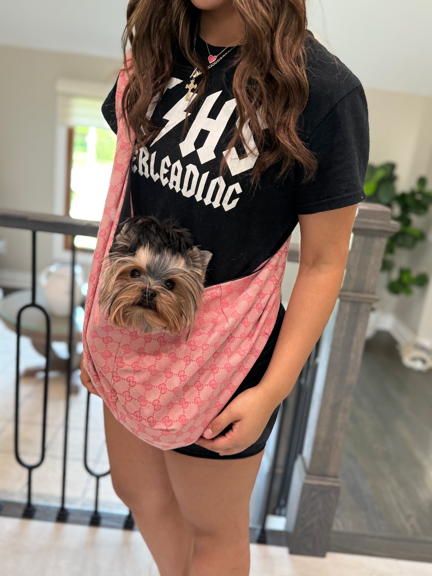 Pink chewy Vuiton dog Sling Carrier