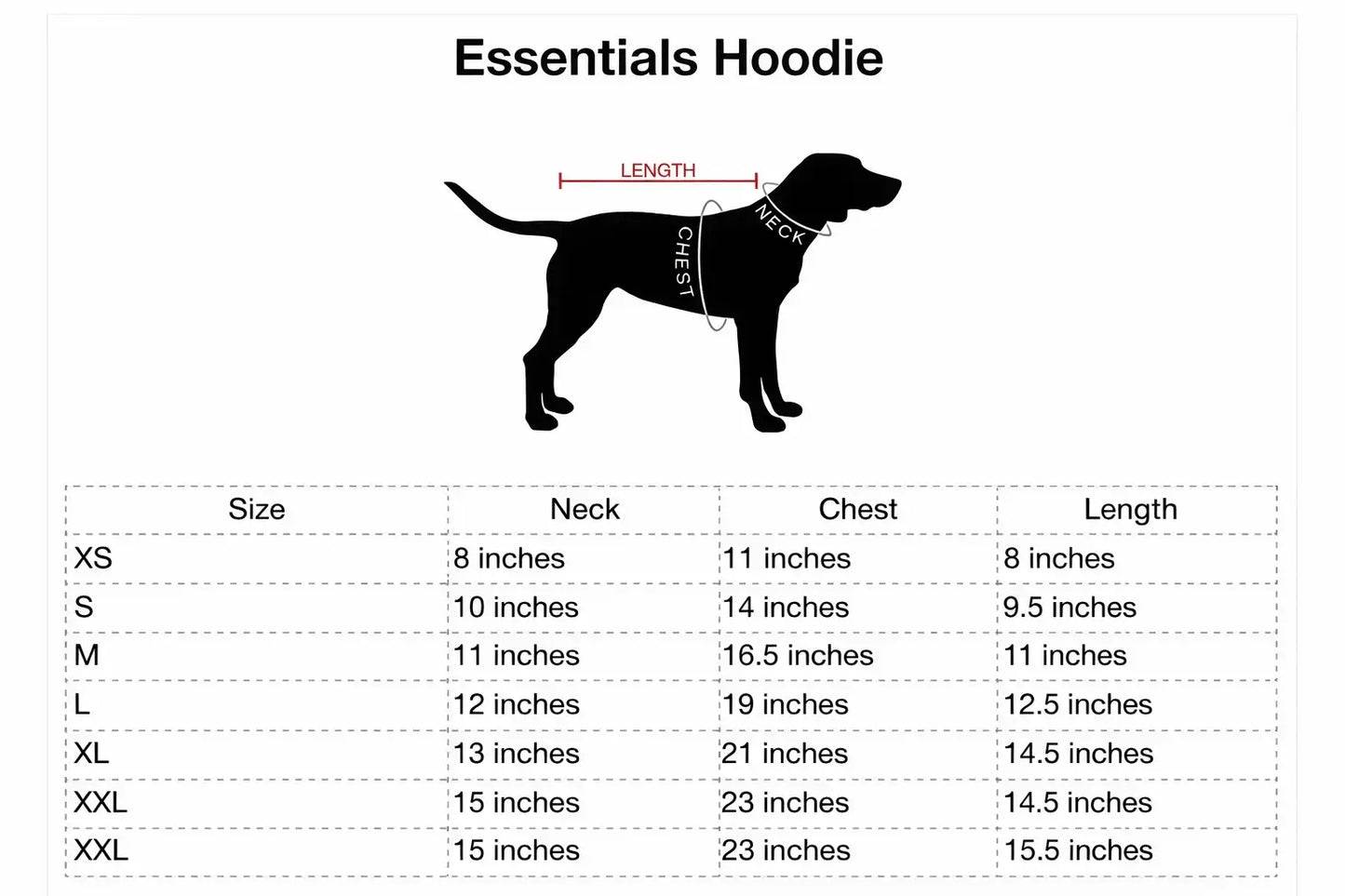 Size chart for dog hoodie showing neck, chest, and length measurements for XS to XXL sizes for pets.