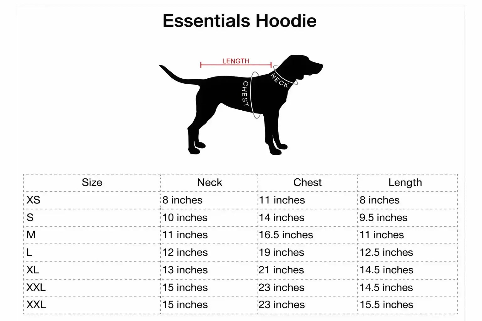 Size chart for dog hoodie showing neck, chest, and length measurements for XS to XXL sizes for pets.