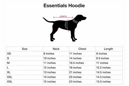 Size chart for dog hoodie showing neck, chest, and length measurements for XS to XXL sizes for pets.