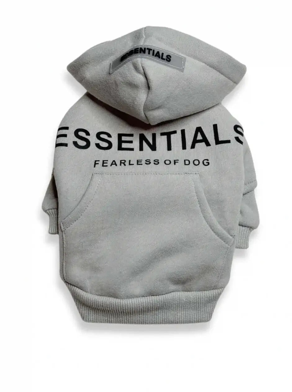 Back view of gray Essentials dog hoodie with 'Fearless of Dog' text and a hood. Stylish and comfortable pet hoodie for your dog.