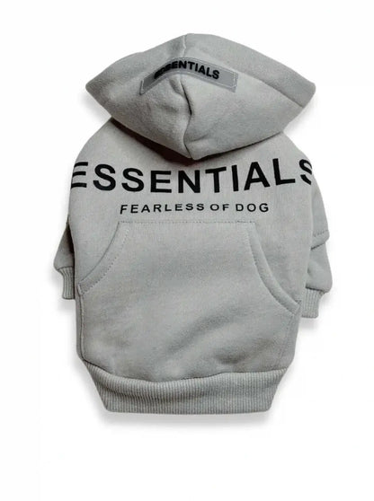 Back view of gray Essentials dog hoodie with 'Fearless of Dog' text and a hood. Stylish and comfortable pet hoodie for your dog.