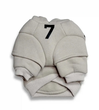 Front view of gray Essentials dog hoodie showcasing its design and fit. Cozy hoodie for dogs with a pocket and hood for extra comfort.