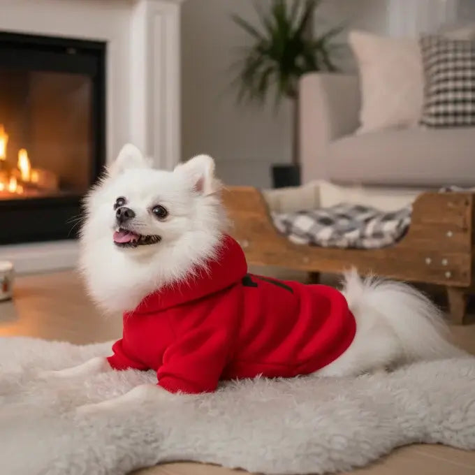 Dog wearing red Essentials hoodie, looking stylish and cozy by the fireplace. Comfortable dog hoodie with a hood and pocket.